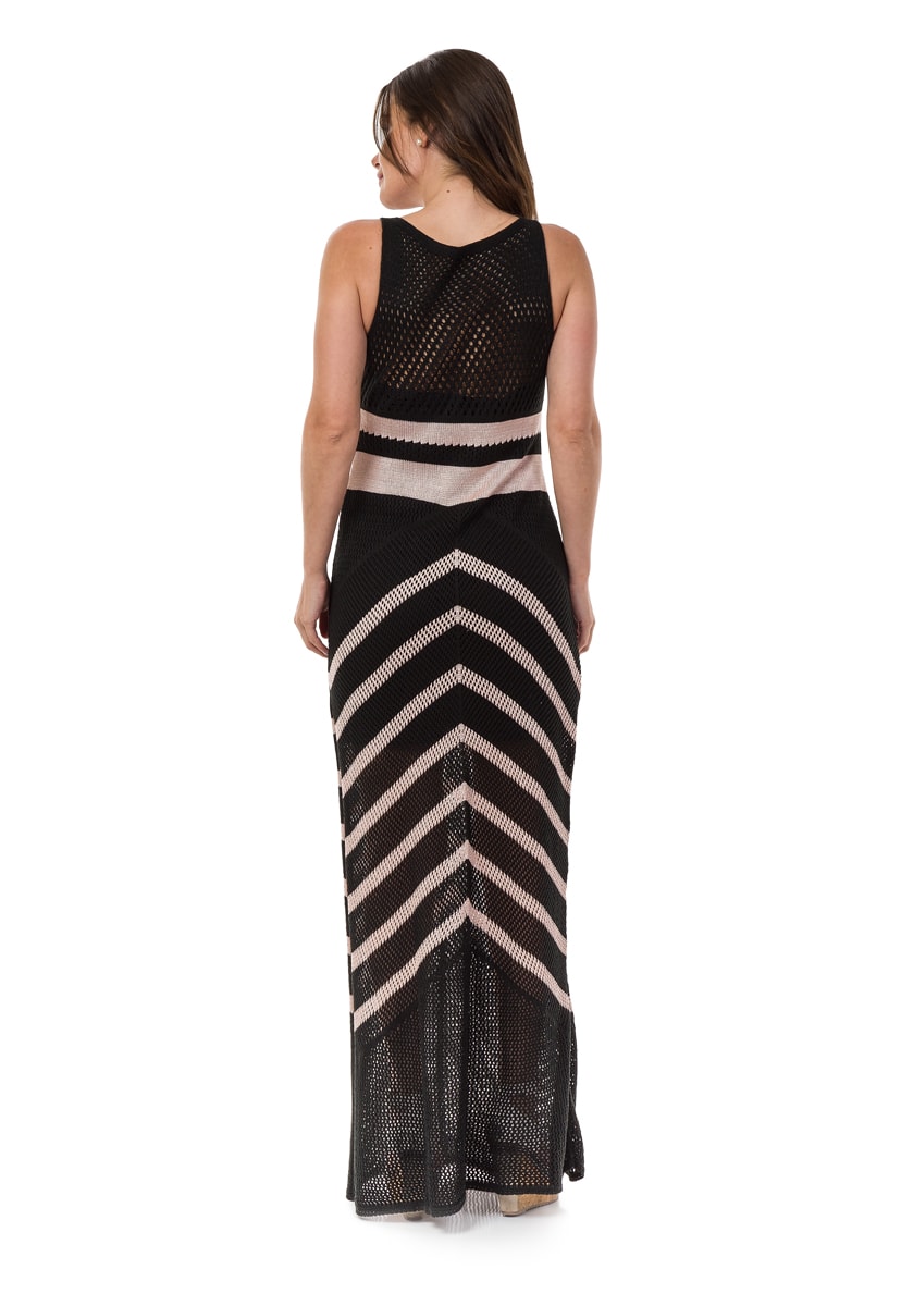 Vestido Pink Tricot(Tricô) Longo Estampa Listrada Feminino Preto com Off White