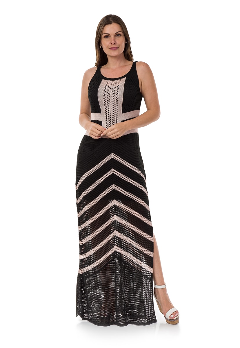 Vestido Pink Tricot(Tricô) Longo Estampa Listrada Feminino Preto com Off White