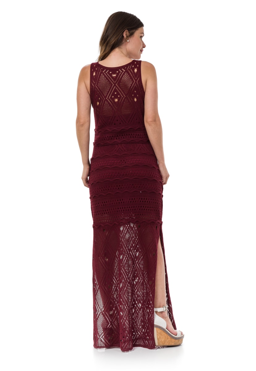 Vestido Pink Tricot(Tricô) Longo Fenda Feminino Bordô