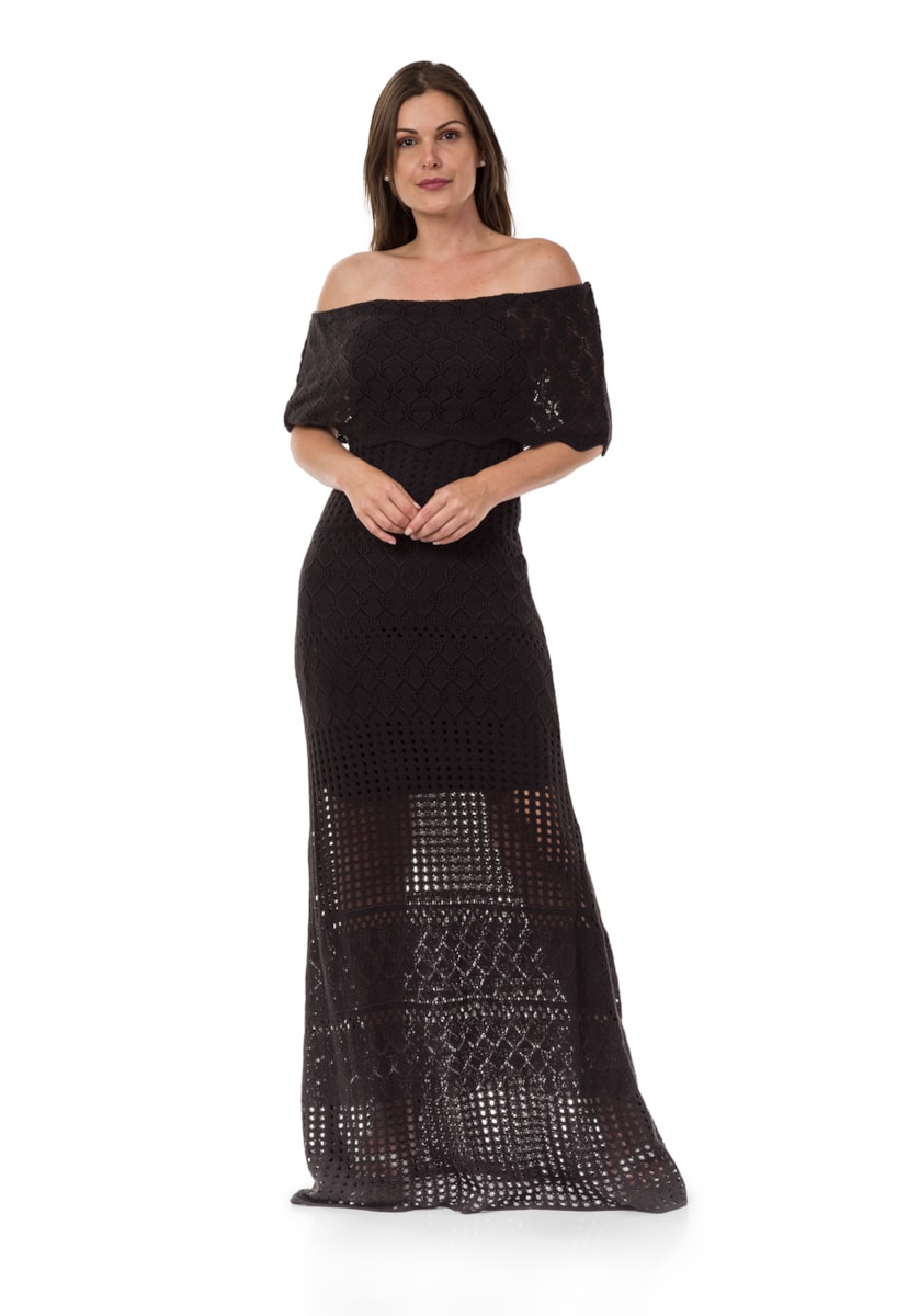 Vestido Pink Tricot(Tricô) Longo Ombro a Ombro Feminino Preto