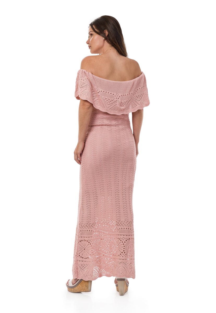 Vestido Pink Tricot(Tricô) Longo Ombro a Ombro Feminino Rosa Claro