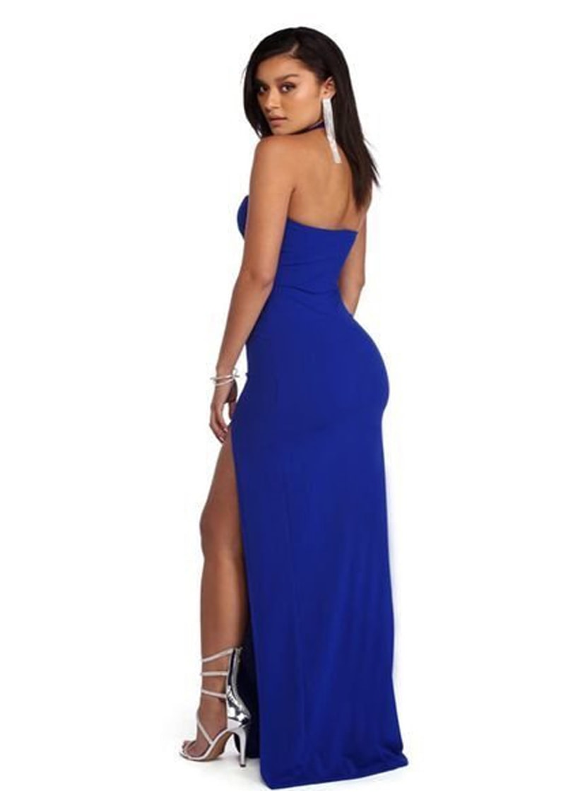 Vestido Pink Tricot Tubinho Longo de Festa com Fenda e Alcinha Feminino Azul